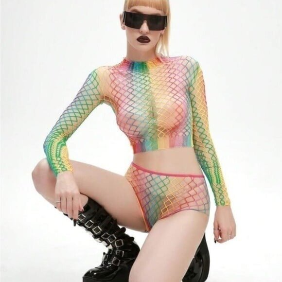 Rainbow Color Long-Sleeve Two-Piece Fishnet Set One-Size - Picture 3 of 6